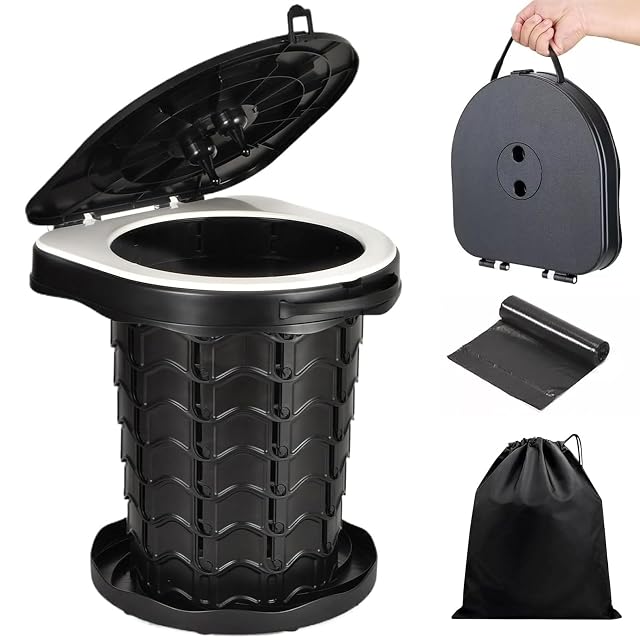 KALBIGRO folding camping toilet in white polypropylene with a storage bag and toilet bags