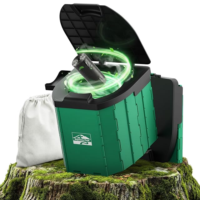 Keystone Peak folding camping toilet in white ABS with a hinged lid, shown open