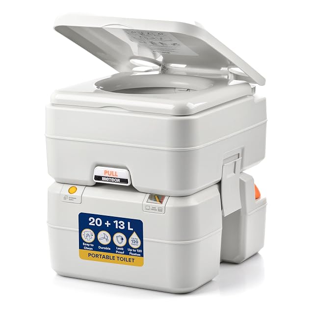 Meteor portable flush camping toilet with a level indicator and side snap catches