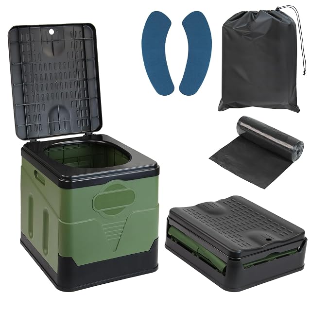 Montafox folding camping toilet in green and black, cube-shaped, with toilet bags