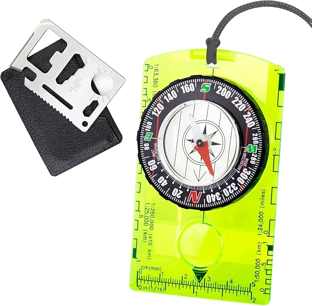 CTDMJ acrylic baseplate compass with rotating bezel and a stainless multi-tool card
