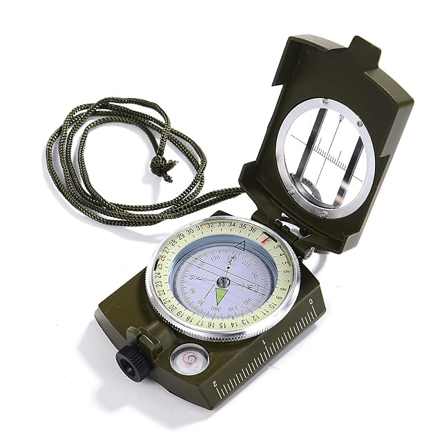 GWHOLE folding military-style compass with edge rules and a belt pouch