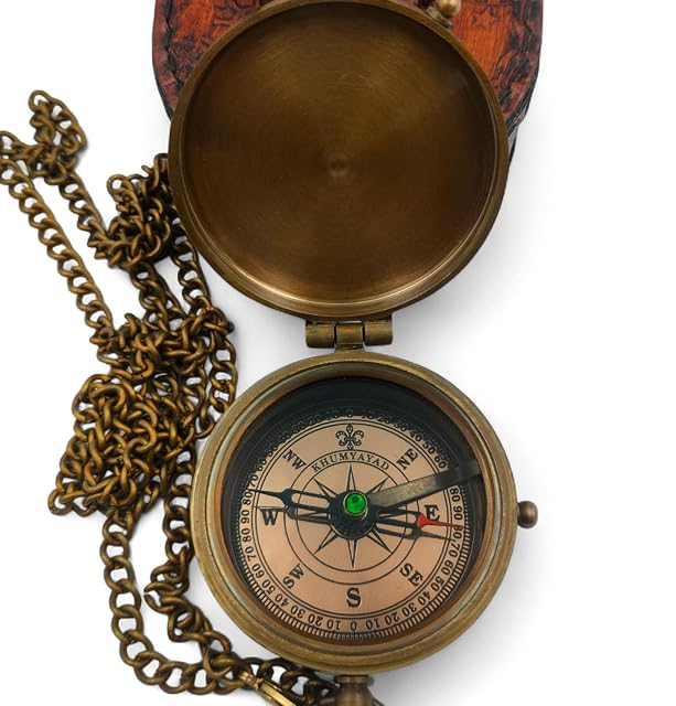 KHUMYAYAD solid brass pocket compass with brass chain and leather case