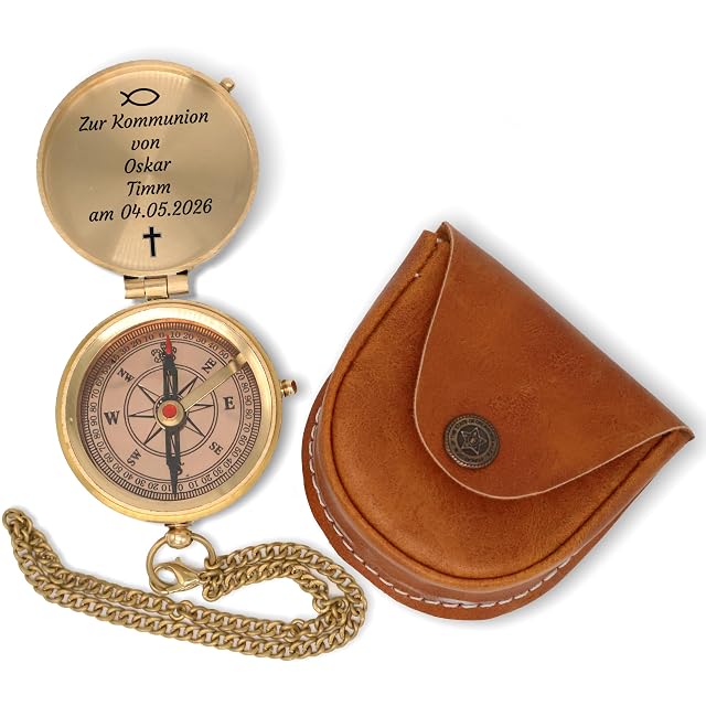 SonKo engraved brass pocket compass with hinged lid and leather case