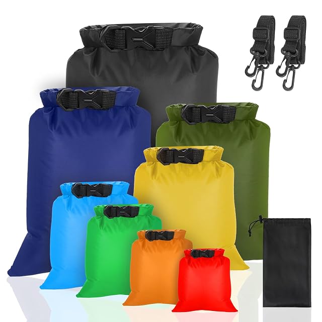 Set of eight VFANDV coloured dry bags in ascending sizes