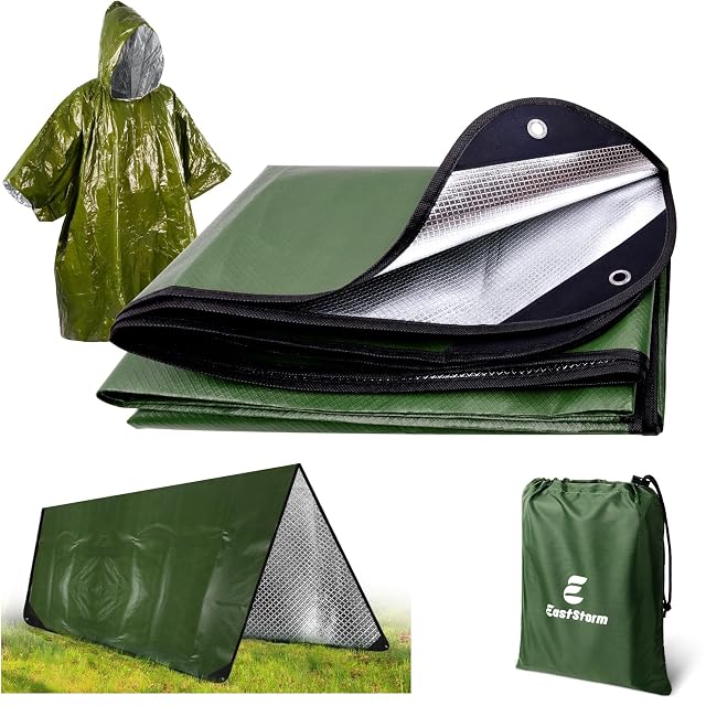 E EASTSTORM four-layer emergency blanket set with rain poncho, folded