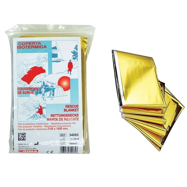 GIMA emergency blanket with a silver face and a gold face, folded in its sleeve