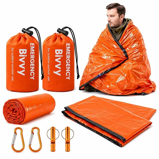 HappyDaily orange Mylar emergency bivvy bag with drawstring pouch, whistle and carabiner