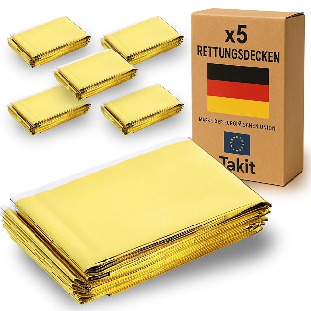 Takit pack of five gold and grey Mylar emergency blankets, folded
