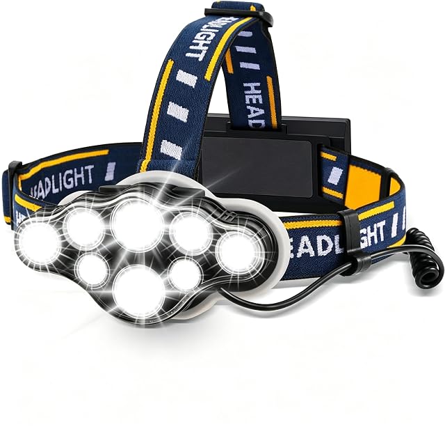 Hyted eight-LED rechargeable headlamp with a rear battery box and a red warning light