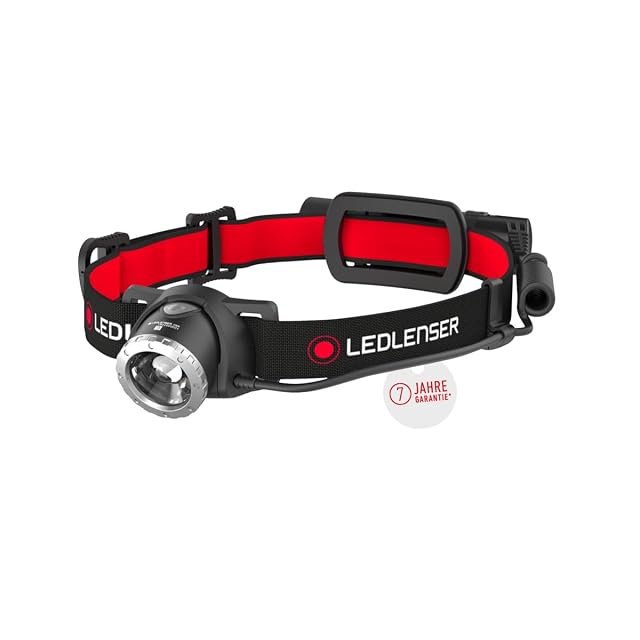 Ledlenser H8R rechargeable headlamp with a focusing lens and a red rear light