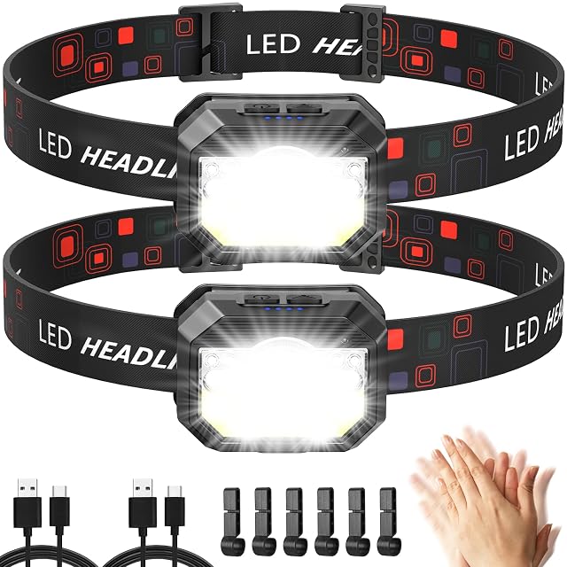 MLIAIMCE rechargeable headlamp with main and COB emitters and red and blue modes, sold as a pack of two