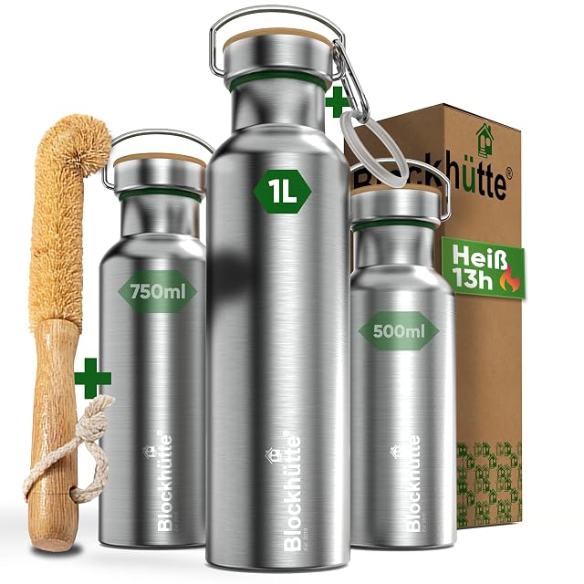 Blockhutte one litre insulated stainless steel bottle with its natural-bristle cleaning brush