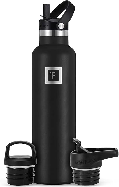 IRON FLASK black powder-coated stainless steel flask with three interchangeable lids