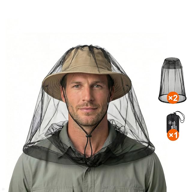 iParaAiluRy oversize black mosquito head net worn over a bucket hat, with its drawstring bag