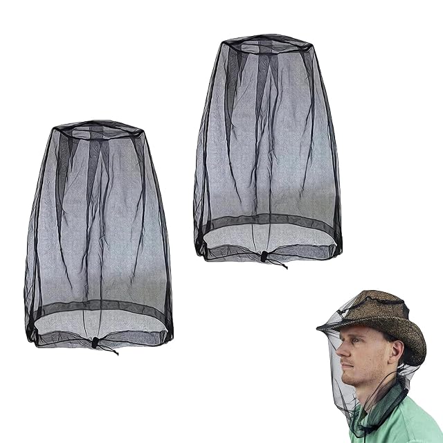 WANTUSHUI black mosquito head net with an adjustable drawcord, two supplied