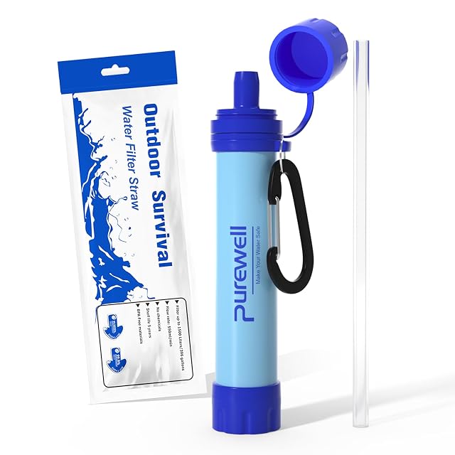 Purewell outdoor straw water filter with a carabiner clip