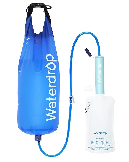 Waterdrop light blue outdoor filter straw with a gravity water bag