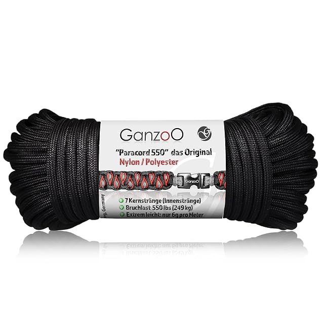 Ganzoo black 550 paracord cord coiled, 4 mm diameter