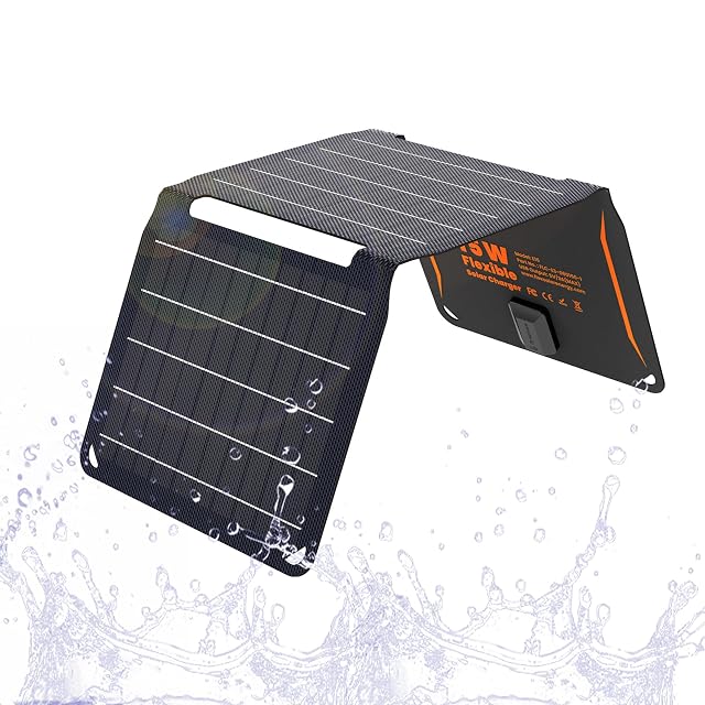 FlexSolar 15 W folding solar panel with a hiking buckle and rubber-covered ports