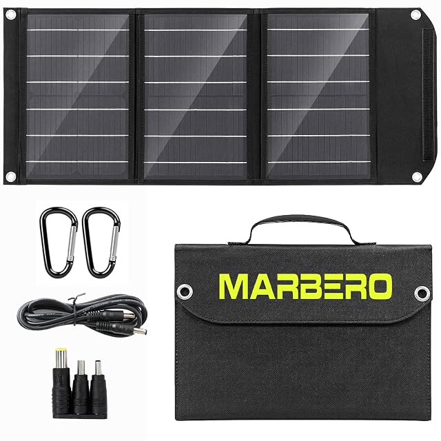 MARBERO MBSP30 folding solar panel with a carry handle and USB-C, USB and DC outputs
