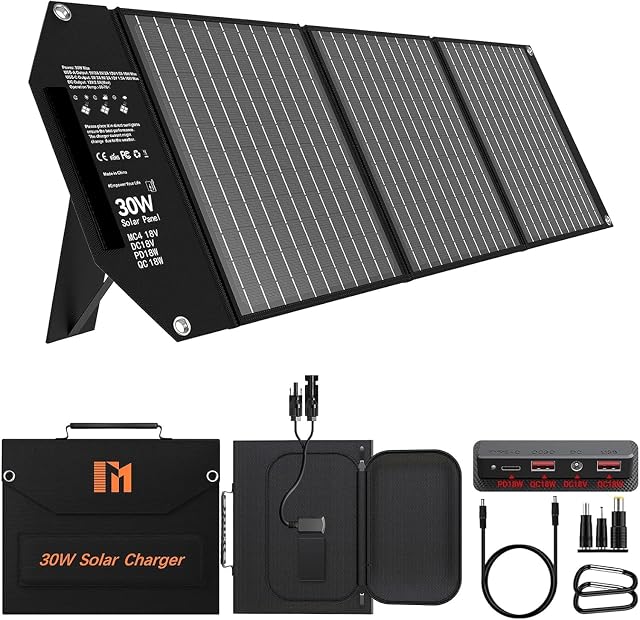 Mesuvida 30 W folding solar panel with MC4, DC and USB outputs and an adjustable stand