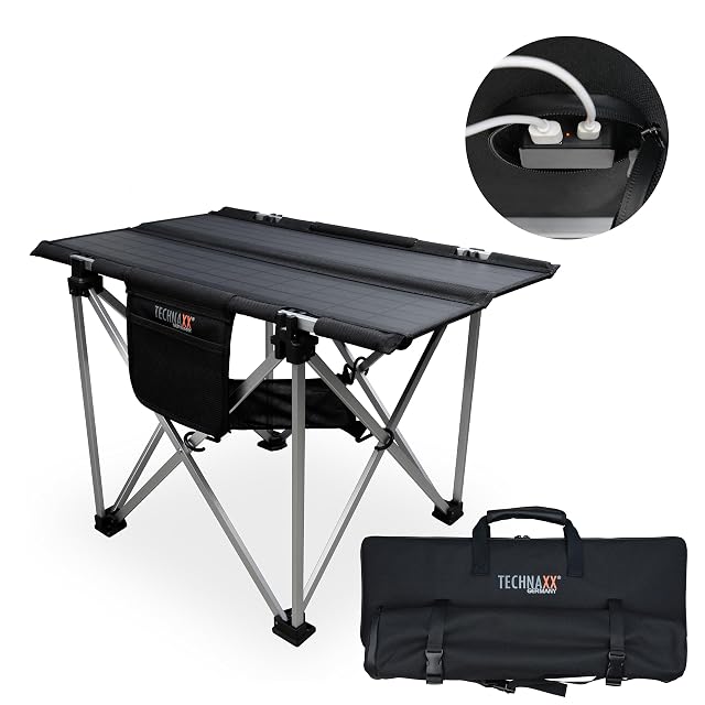 Technaxx TX-251 folding camping table with a 20 W solar panel forming the table top