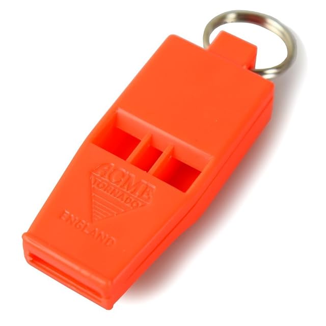 ACME Tornado Slimline No. 636 whistle in fluorescent orange on a key ring