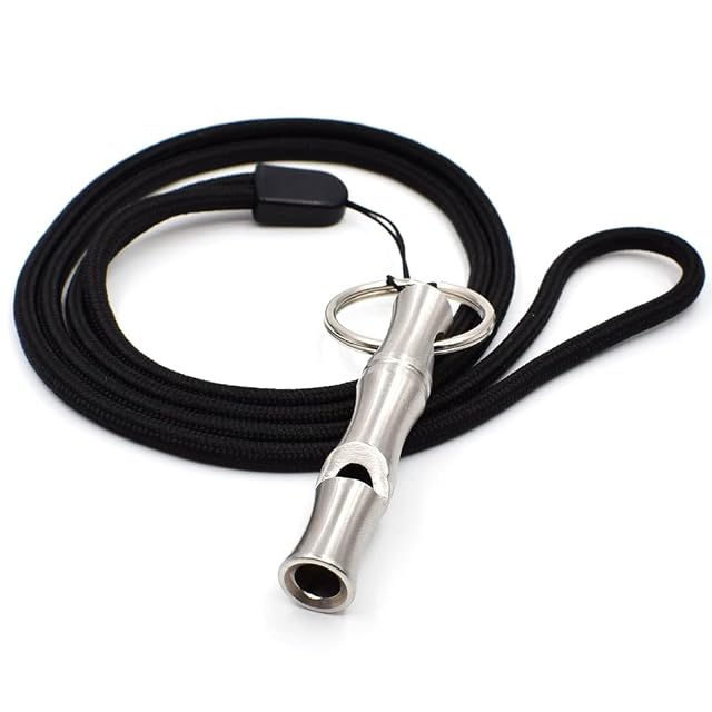 makstore stainless steel signal whistle with a neck lanyard, chain and key ring