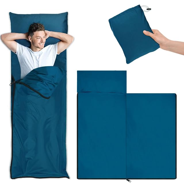 YARVPUV lightweight travel sleeping bag liner with a full-length zip and a pillow pocket