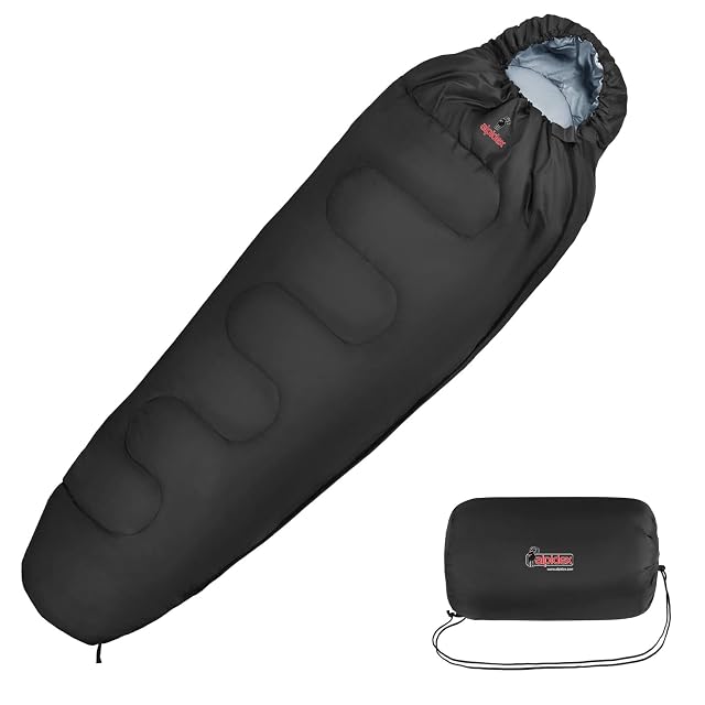 ALPIDEX black four-season mummy sleeping bag with a padded hood and a two-way zip