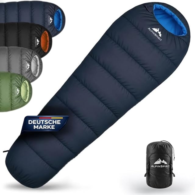 AlpinSpirit blue mummy sleeping bag with compression straps and a stuff sack