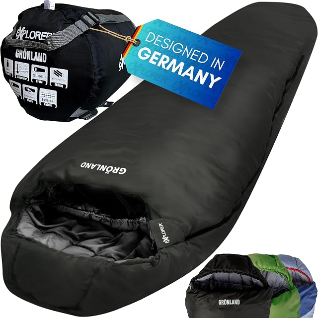 EXPLORER GRÖNLAND black mummy sleeping bag with a Pongee polyester lining and a compression sack