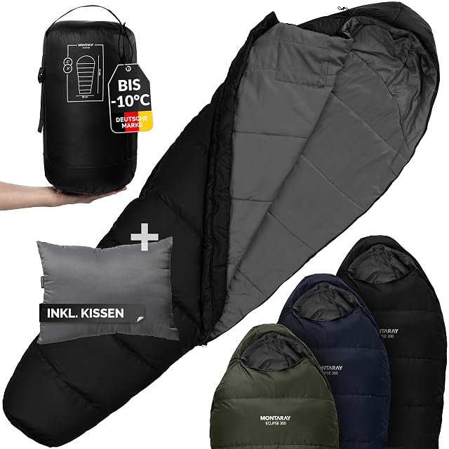 Montaray black hooded mummy sleeping bag with an insulated zip baffle and a matching pillow