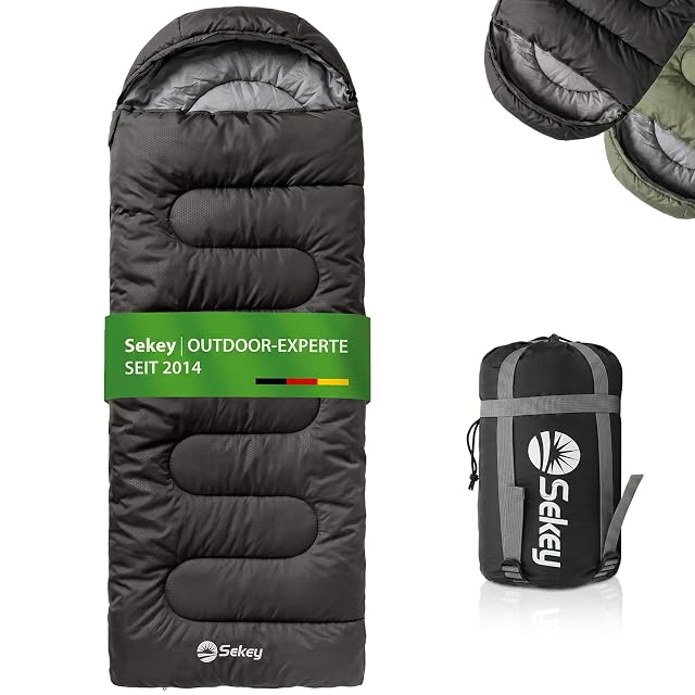 Sekey anthracite rectangular sleeping bag opened flat as a blanket, with a hood and a foot vent