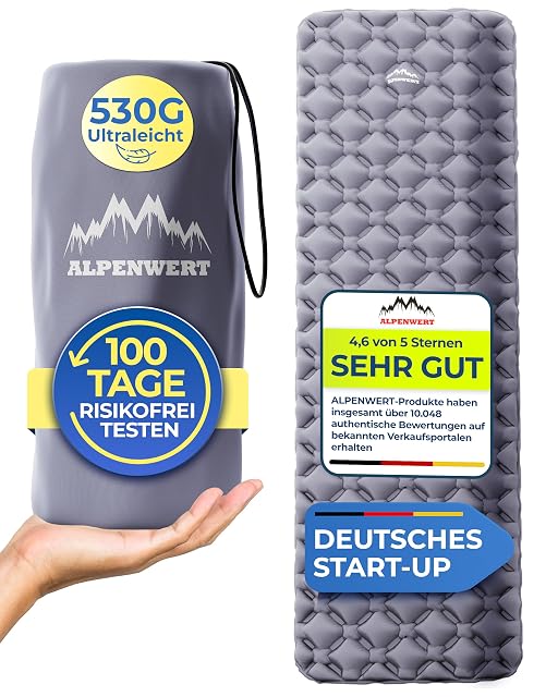 Alpenwert grey ergonomic inflatable camping mat with a shaped outline and a repair kit