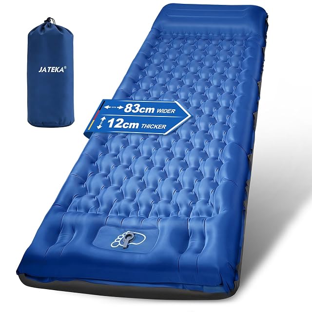 JATEKA wide inflatable camping mat with an integrated shaped pillow and press studs along one side