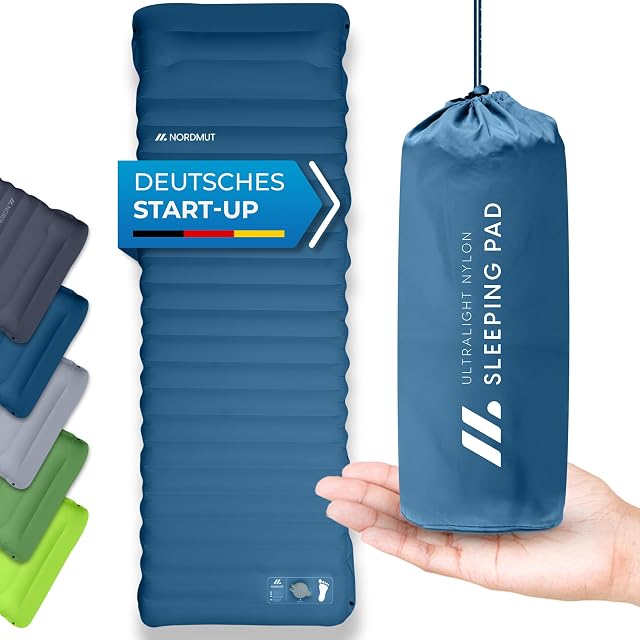 NORDMUT quick-inflating camping mat with an integrated foot pump and ripstop nylon face