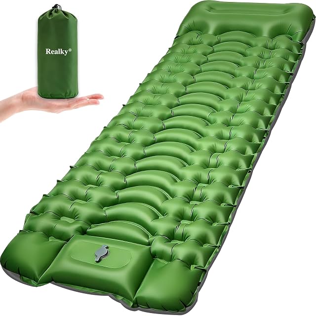 Realky inflatable camping mat with an integrated pillow and a built-in foot pump