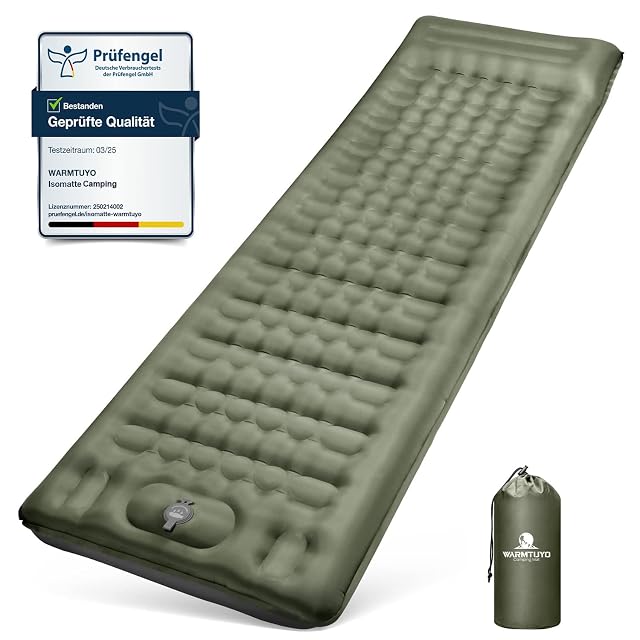 WARMTUYO army green inflatable camping mat with a foot pump valve and a soft integrated pillow
