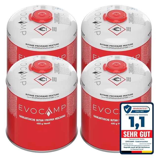 EVOCAMP set of four 450 g screw-on gas canisters with 7/16 in threads