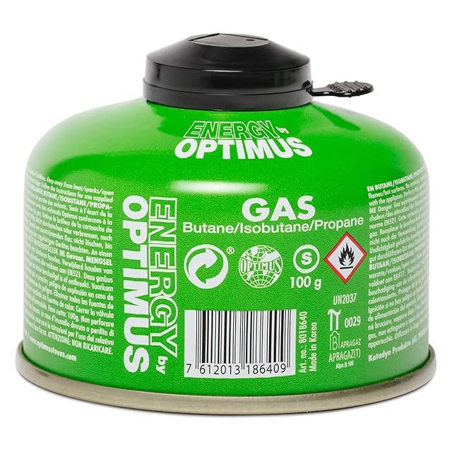 Optimus 100 g screw-thread gas canister with its protective valve cap