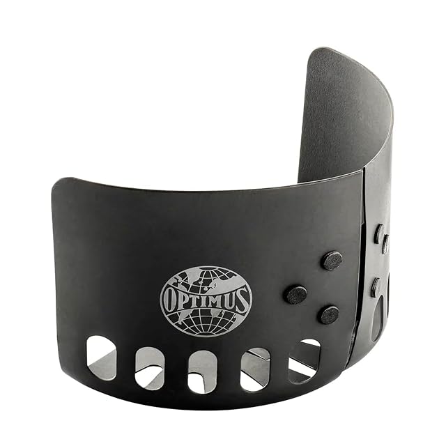 Optimus clip-on aluminium windshield fitted around a camping stove pot