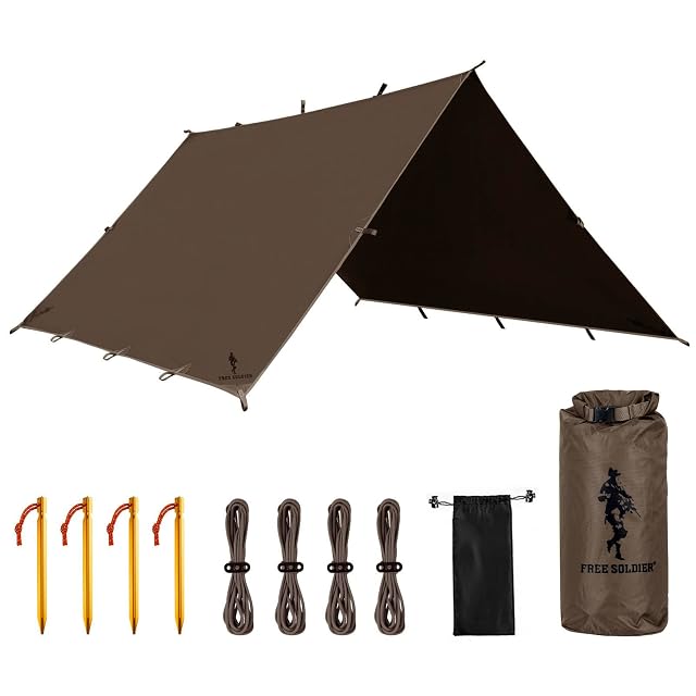 FREE SOLDIER maroon camping tarp pitched as a shelter over a camp