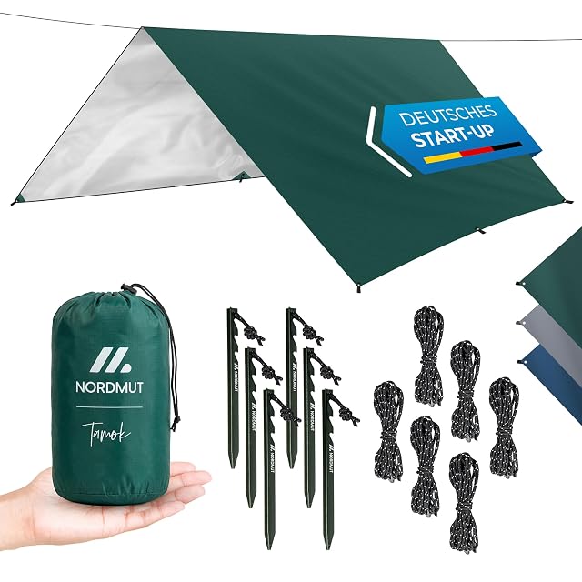 NORDMUT green camping tarp pitched as a rain shelter