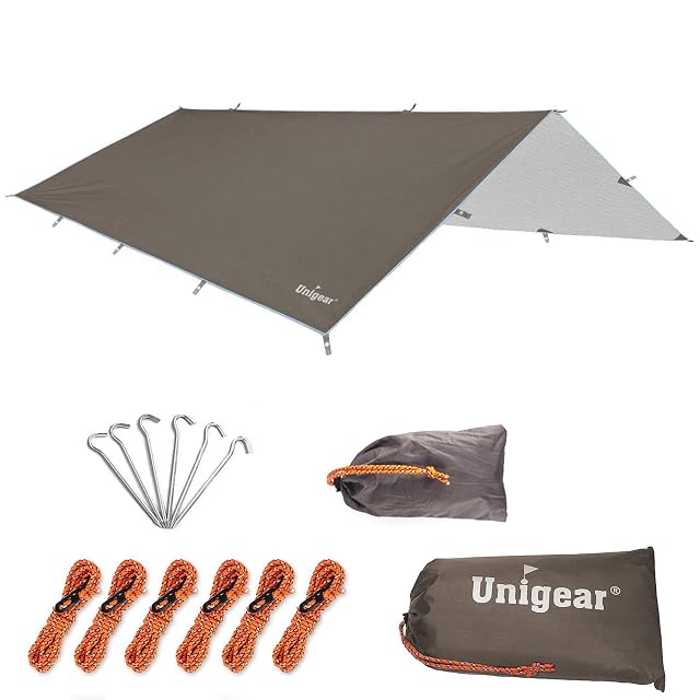 Unigear Rain Fly camping tarp pitched as a shelter roof