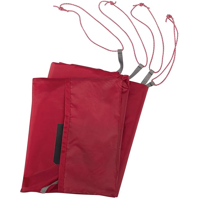 MSR red universal tent footprint laid out under a two-person trekking tent