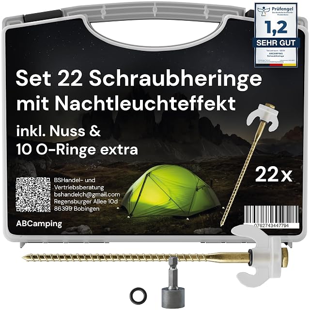 ABCamping steel screw-in tent pegs with luminous hooks, O-rings and a driver bit in a case