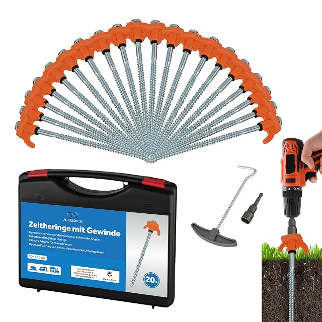 AUTOLIGHT 24 orange steel screw-in tent pegs with a driver bit and a transport case