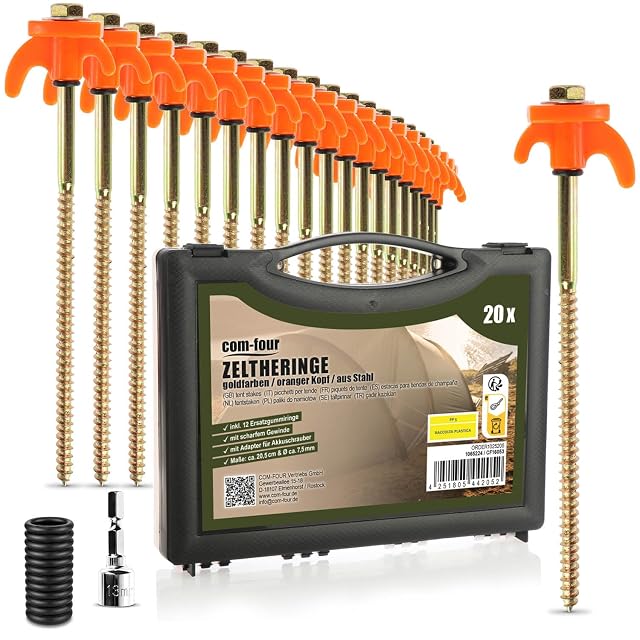 com-four gold and orange steel screw-in tent pegs with hex heads in a storage box